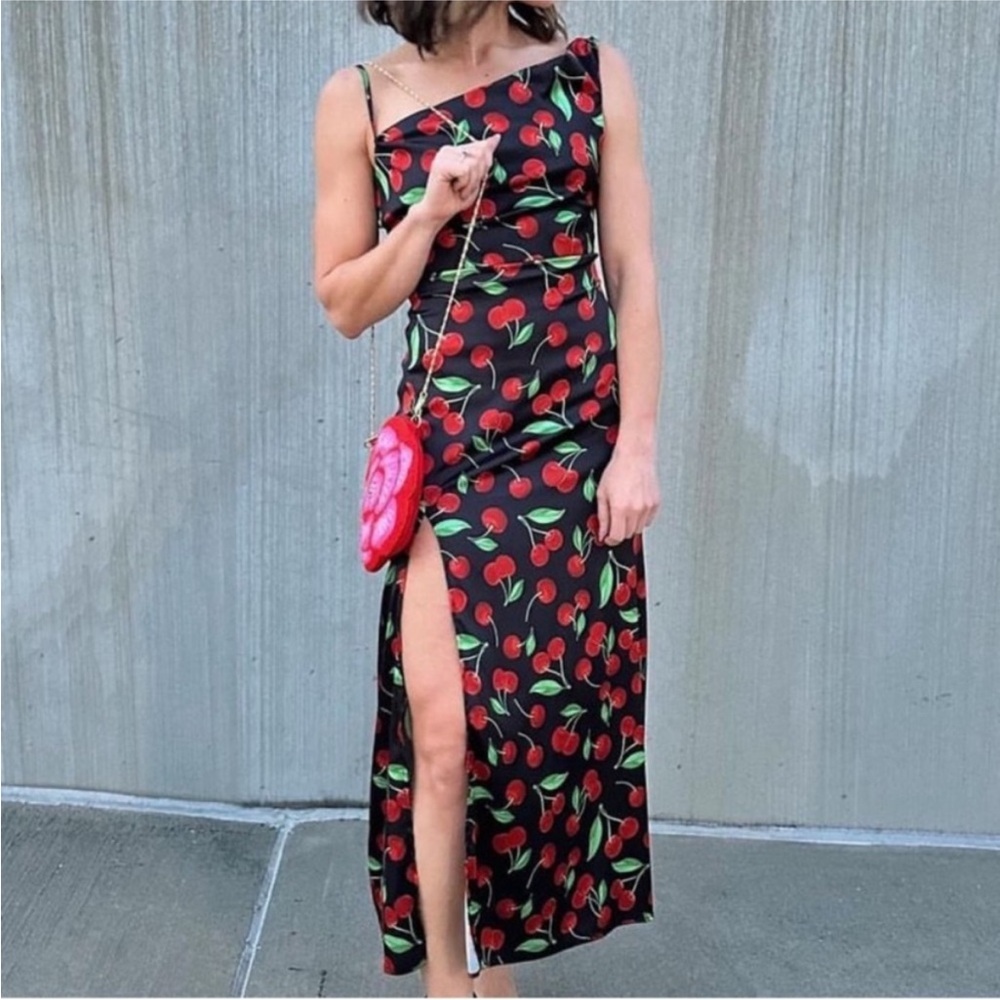 For Love & Lemons Black One-Shoulder Cherry Print Dress